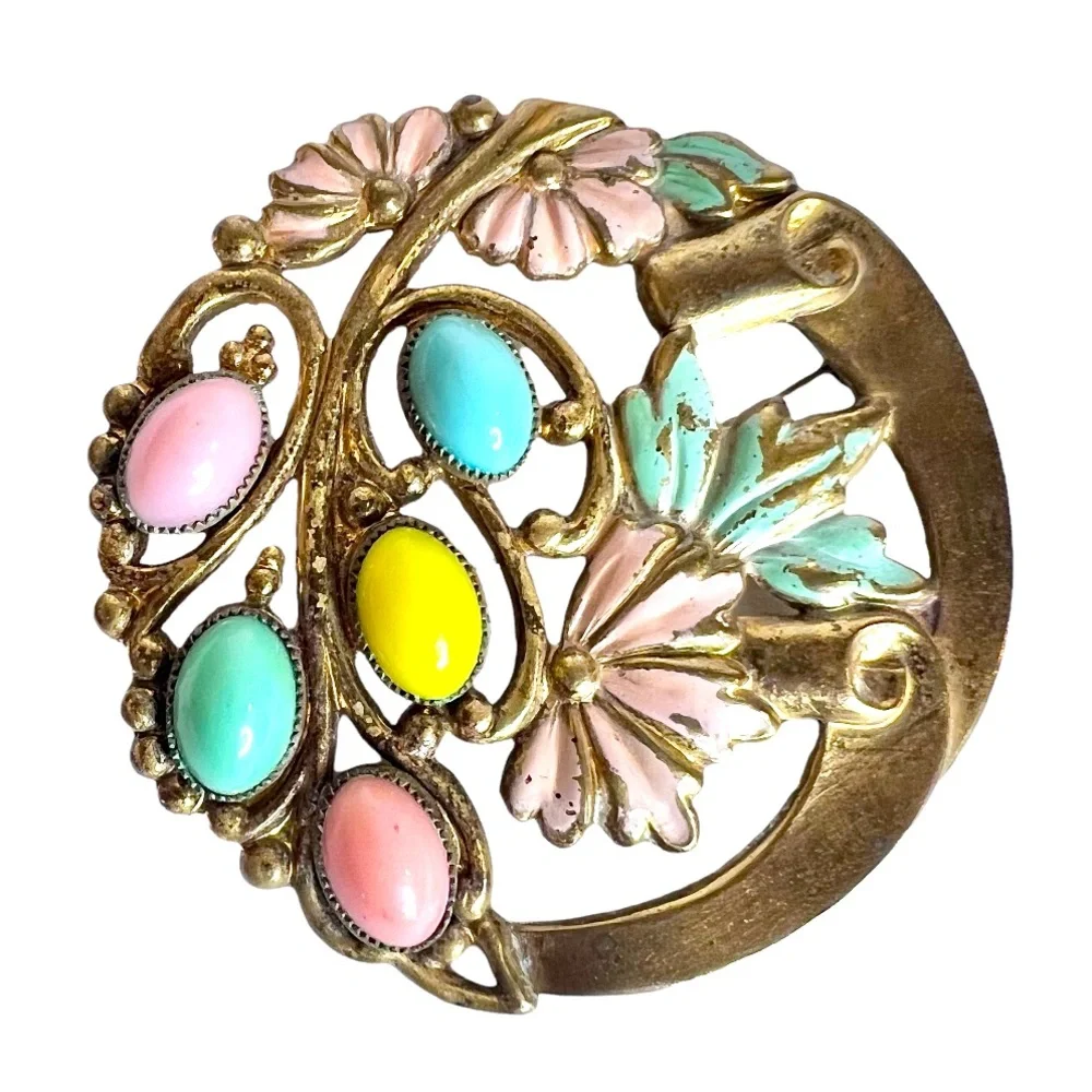 Antique Brooch Awesome Old World Pastel Glass Brass Tone Floral Circle Pin